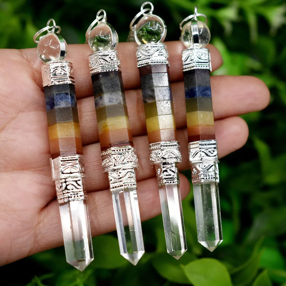 1 Piece Piece Pack' 75-80 mm Long' Handcrafted' Crystal Wands With Quartz Point and Ball, Bulk Multi Color Natural Stones with Chain For Divination