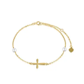 14k Gold Pearl Cross Single Layer Anklet