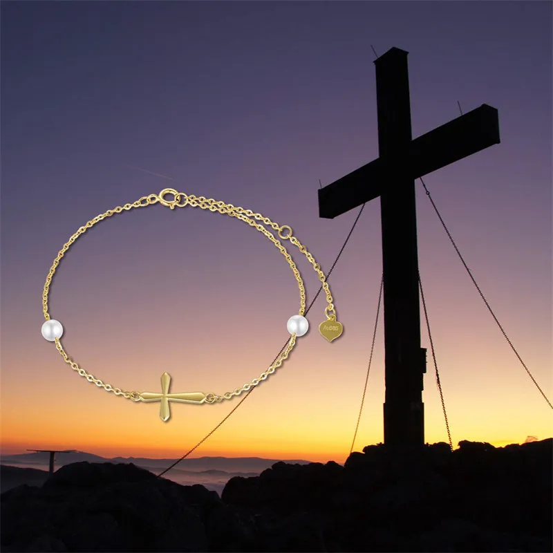 14k Gold Pearl Cross Single Layer Anklet