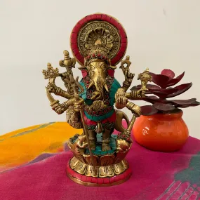 9 Inches Drishti Ganesh Brass Idol - handcrafted Stonework - Ganpati Statue for Home Pooja - Housewarming Gift