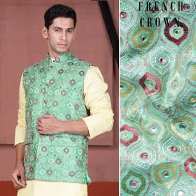 Bermuda Green and Charm Pink Ogee Cotton Thread Embroidered Designer Nehru Jacket