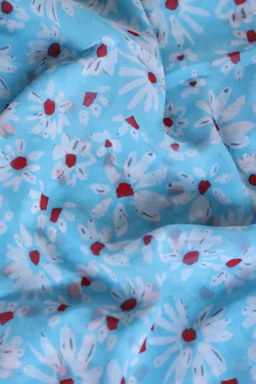 Big Width "56" White And Red Floral Digital Print On Sky Blue Georgette Fabric