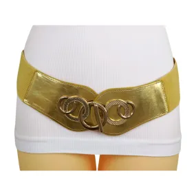 Gold Faux Leather Elastic Belt Circle Hook Buckle S M