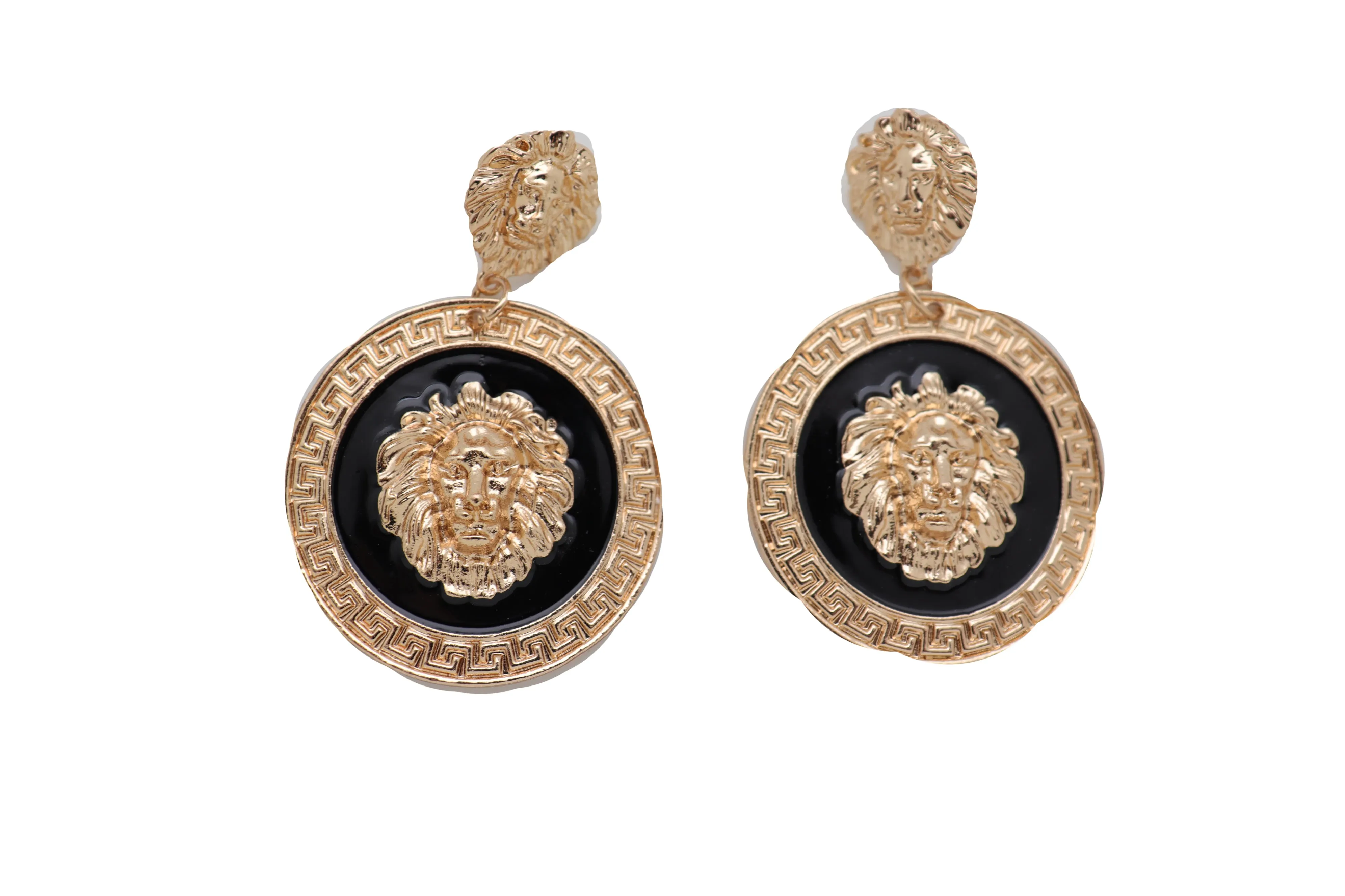 Gold Lion Medallion Dangle Earrings