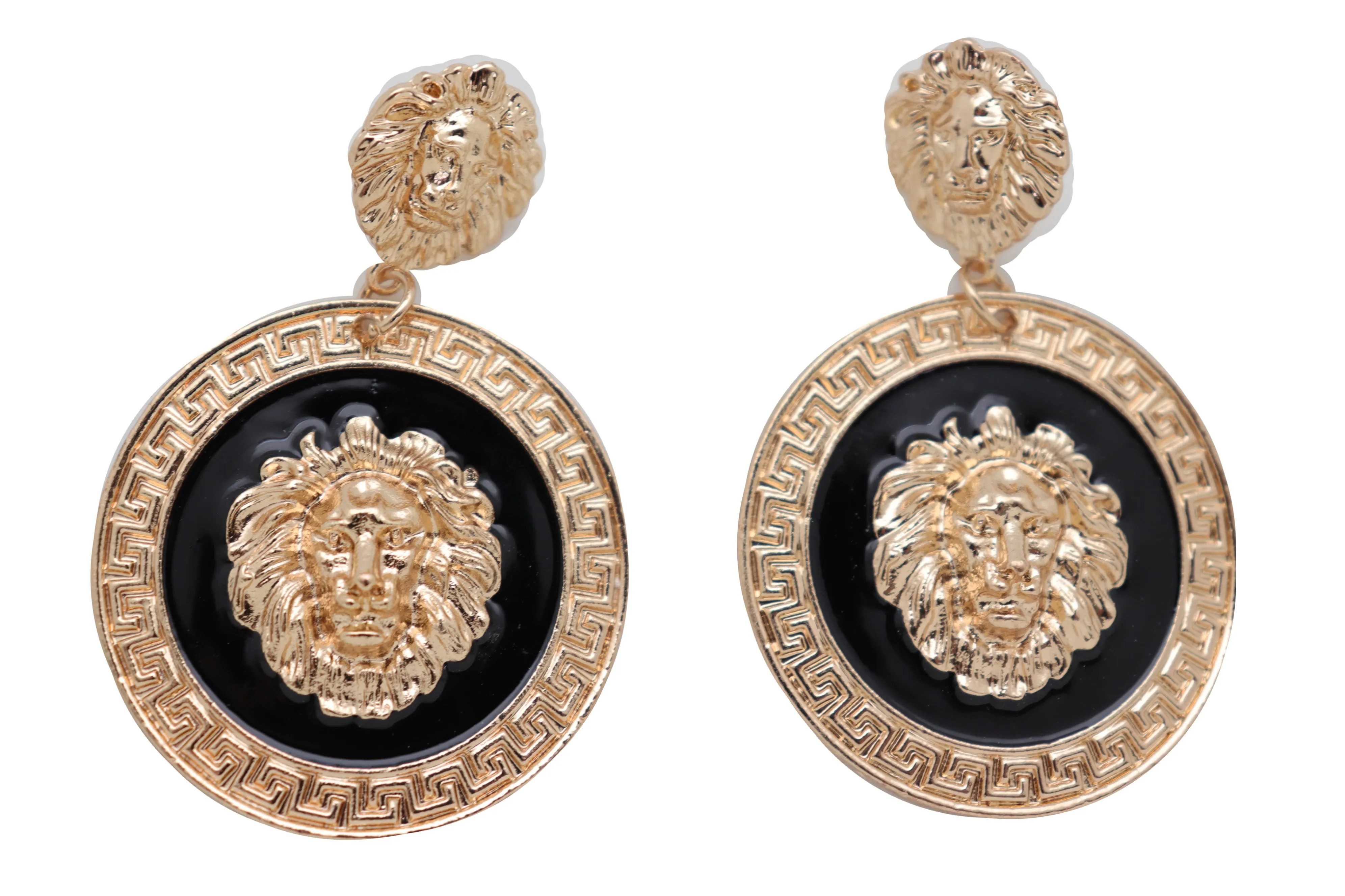 Gold Lion Medallion Dangle Earrings