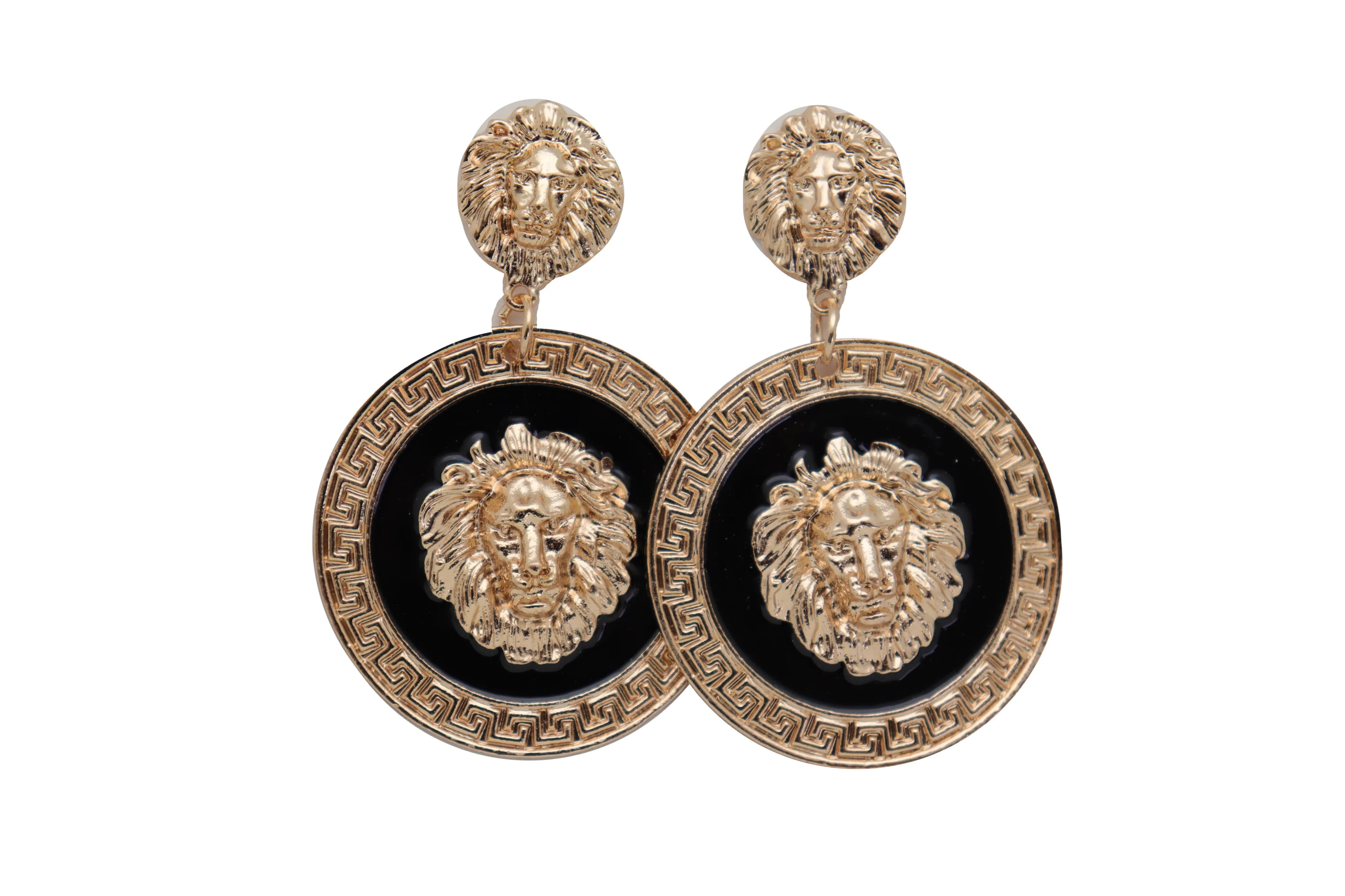 Gold Lion Medallion Dangle Earrings