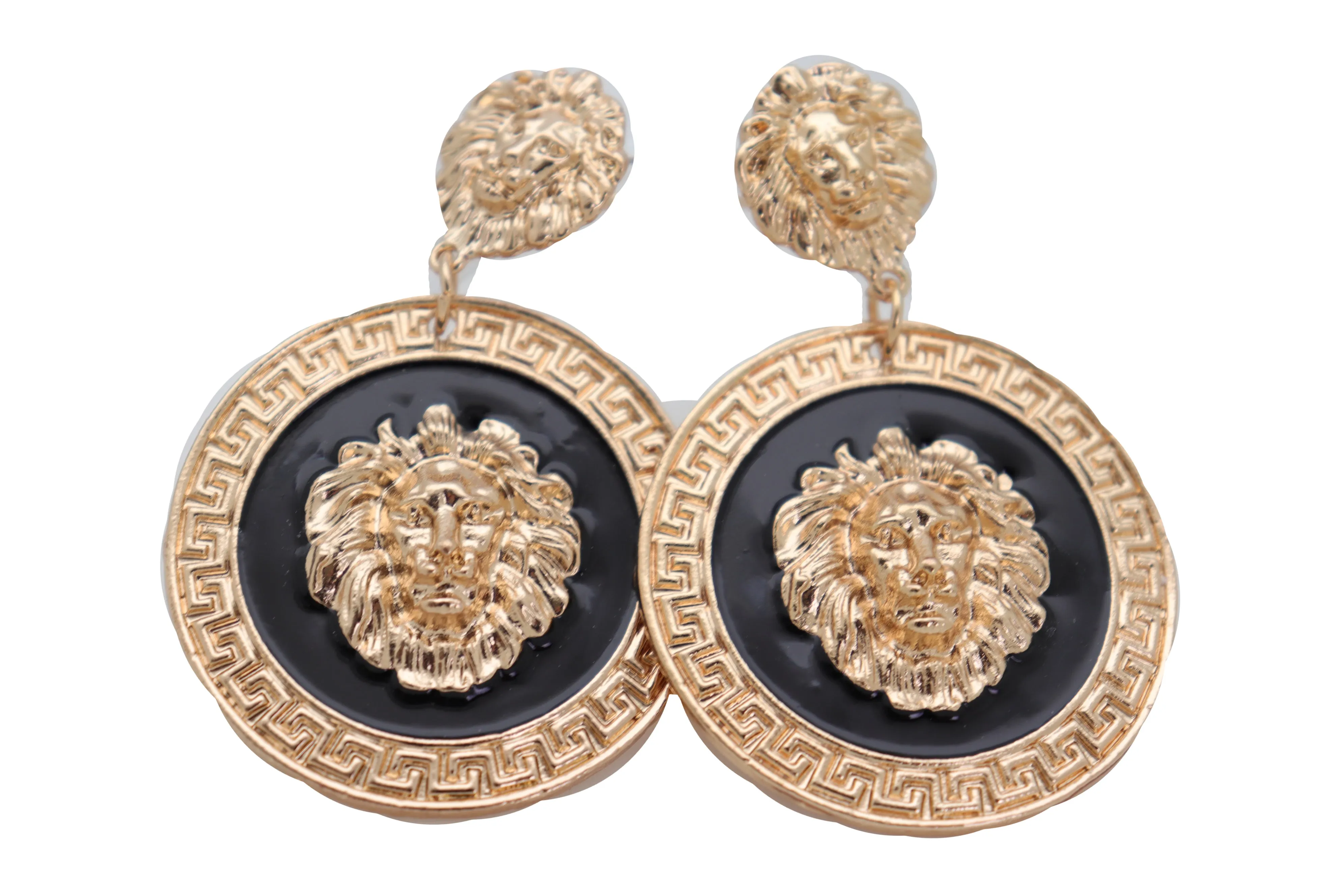 Gold Lion Medallion Dangle Earrings