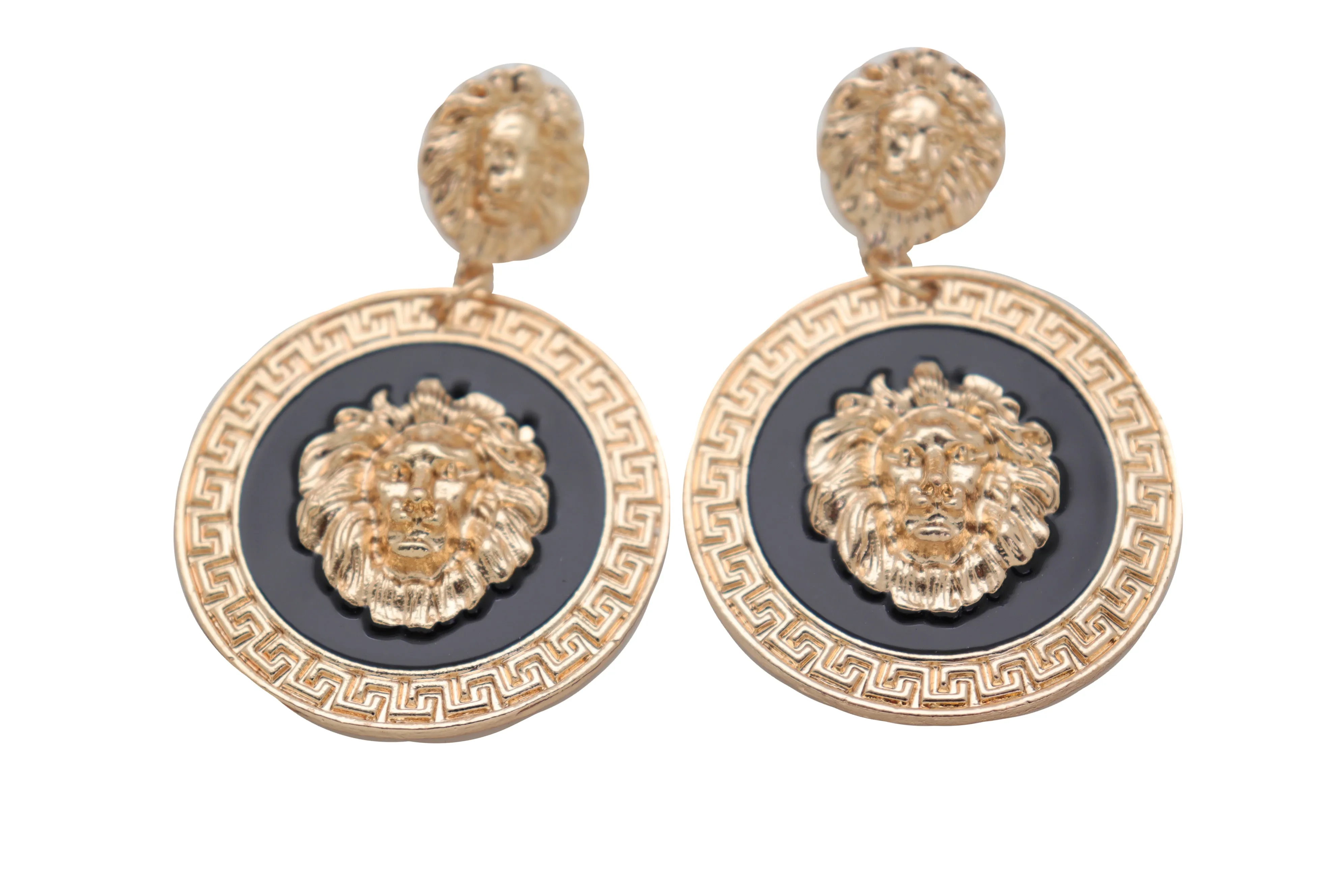 Gold Lion Medallion Dangle Earrings