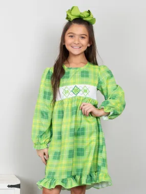 Green Plaid Smocked Clover Ruffle Dress