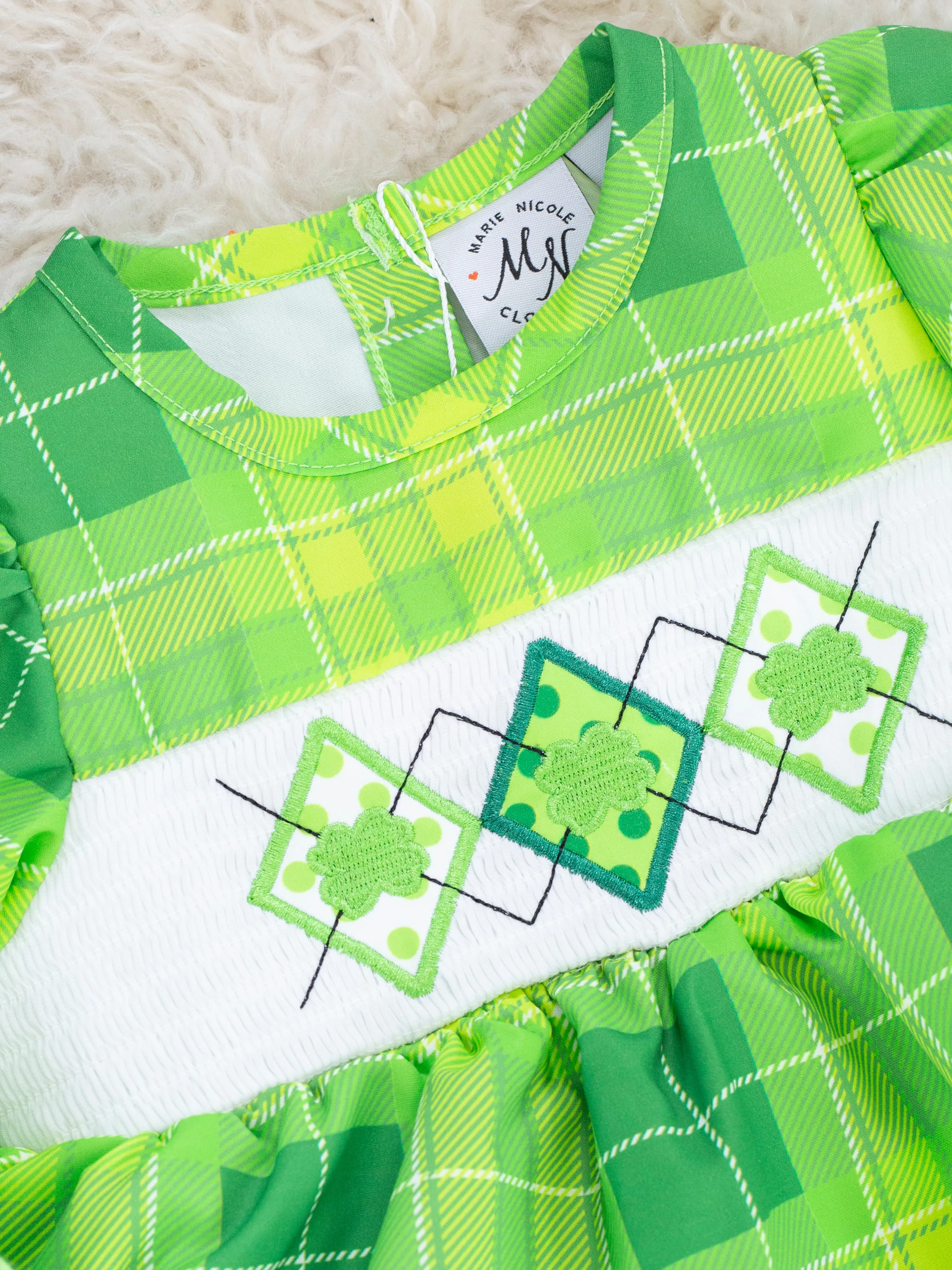 Green Plaid Smocked Clover Ruffle Romper