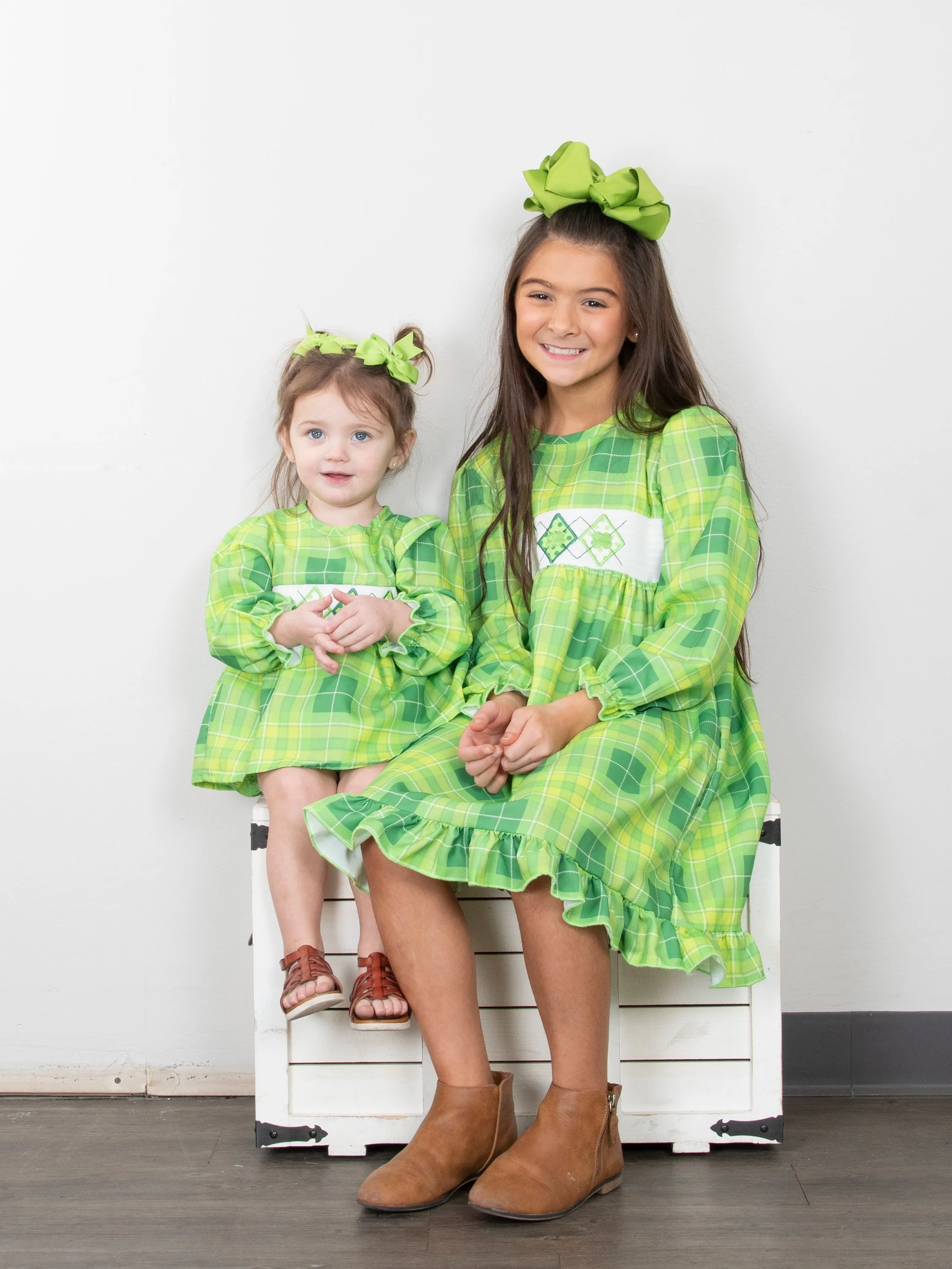 Green Plaid Smocked Clover Ruffle Romper