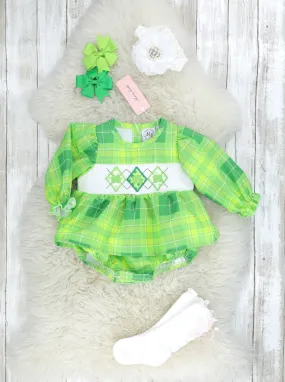 Green Plaid Smocked Clover Ruffle Romper