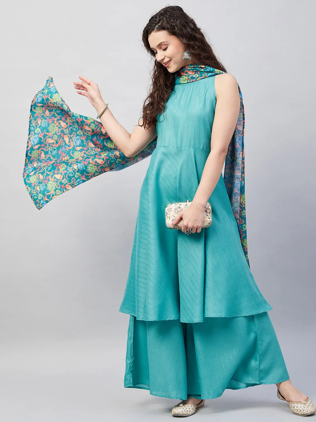 Teal Lurex Boho Kurta Set W Teal Camelia Cr Dupatta