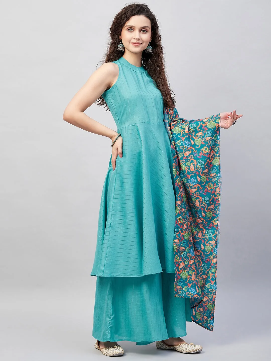 Teal Lurex Boho Kurta Set W Teal Camelia Cr Dupatta