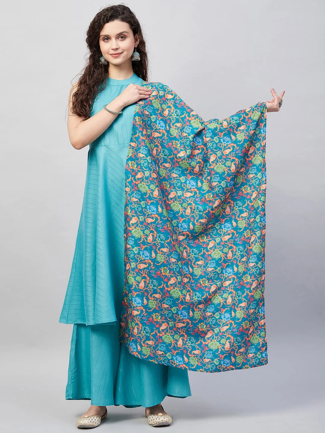 Teal Lurex Boho Kurta Set W Teal Camelia Cr Dupatta