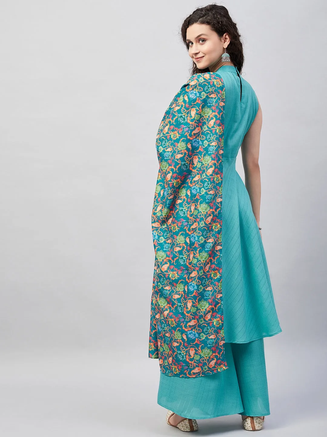 Teal Lurex Boho Kurta Set W Teal Camelia Cr Dupatta