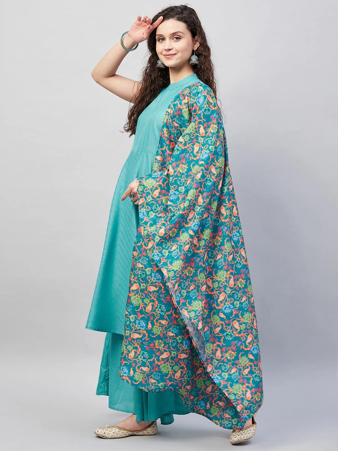 Teal Lurex Boho Kurta Set W Teal Camelia Cr Dupatta